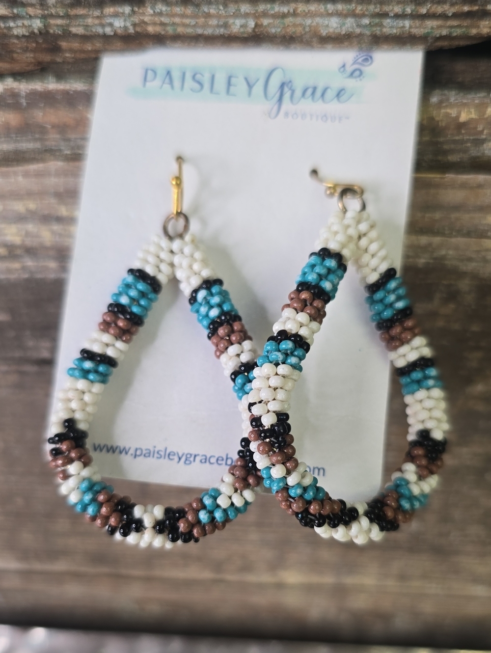 Paisley Grace Beaded Teardrop Earrings in Turquoise, White & Brown, NWT